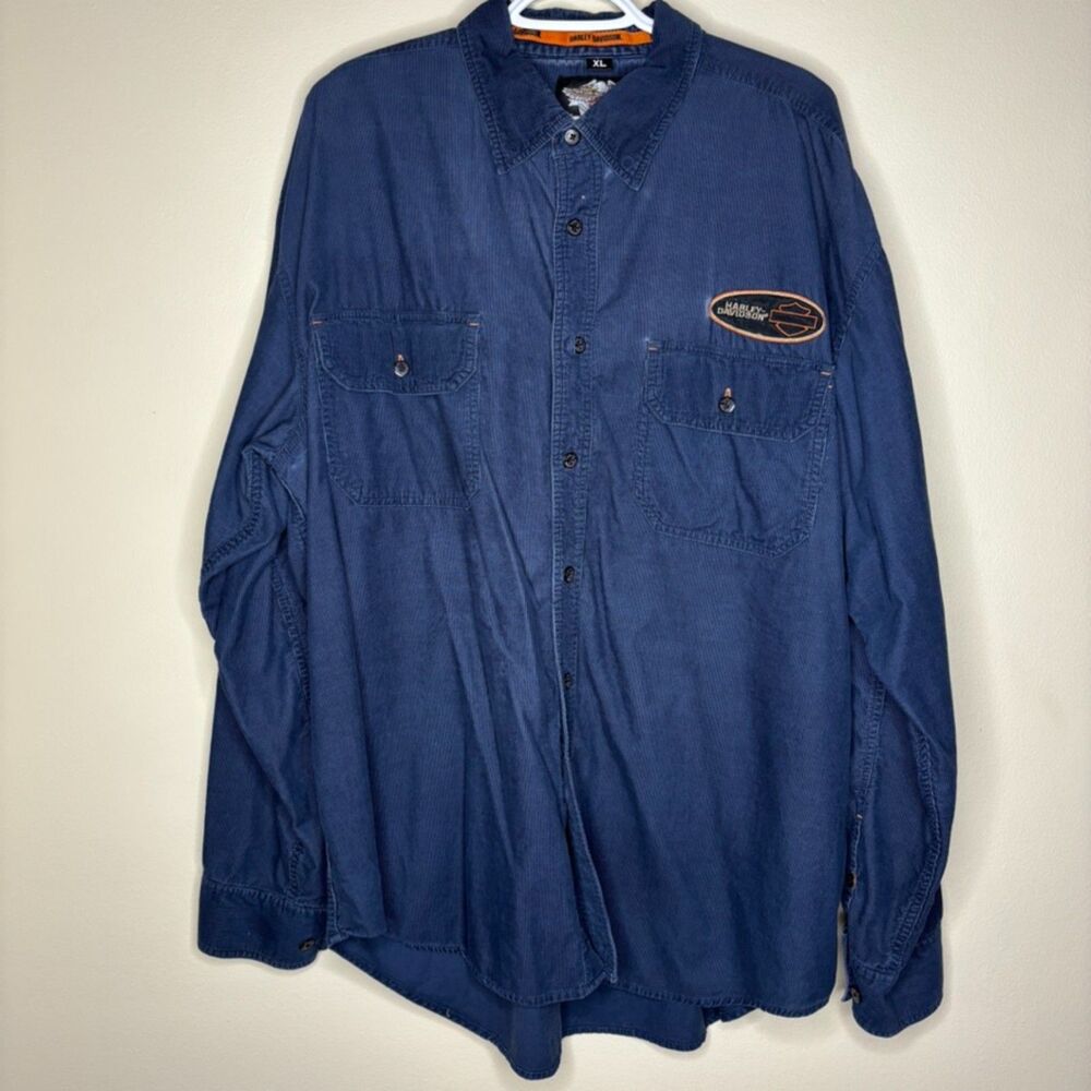 Harley Davidson Corduroy Shirt Mens XL Blue Button Down Logo Mechanic Biker